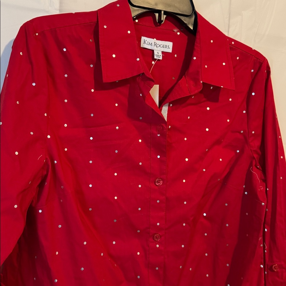 NWT Kim Rogers Small button-down shirt with metallic silver dots Cuff Sleeves - Picture 2 of 11